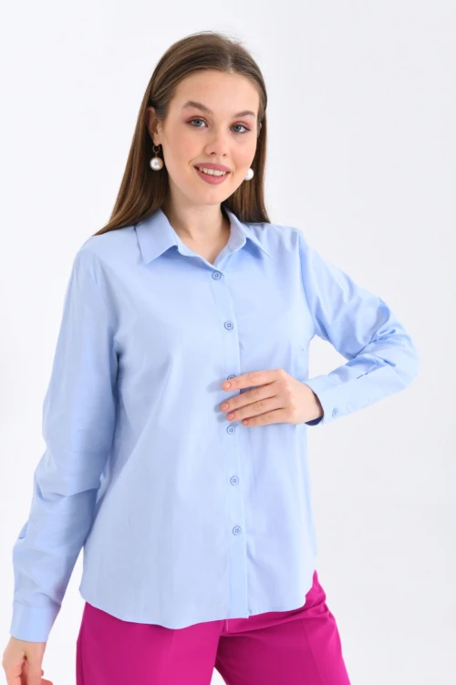 Kadın Mavi Basic Dokuma Gömlek
