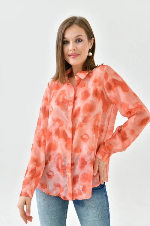 Uzun Kol Desenli Şifon Gömlek