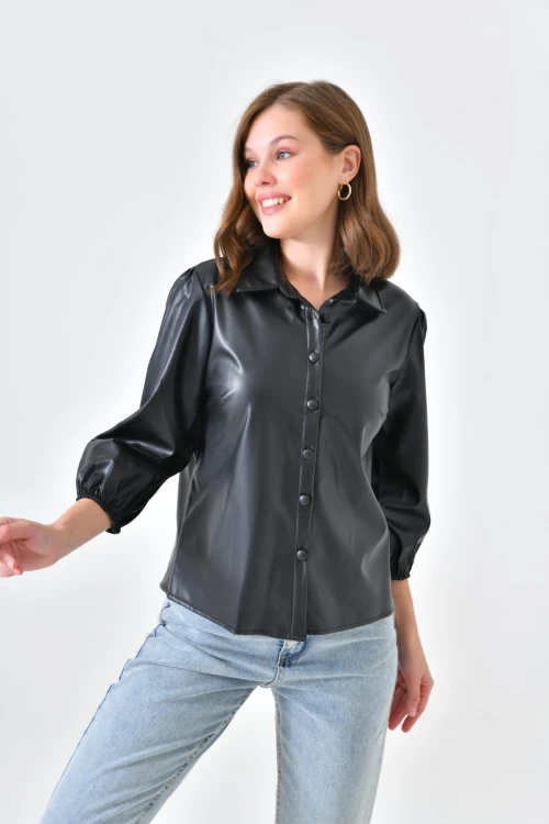 Kadın Deri Gömlek Kol Ucu Lastikli Düğmeli Cepsiz Deri Gömlek Haki - 10059