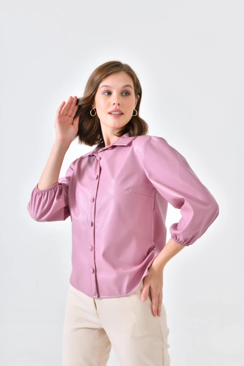 Kadın Deri Gömlek Kol Ucu Lastikli Düğmeli Cepsiz Deri Gömlek Pudra - 10059