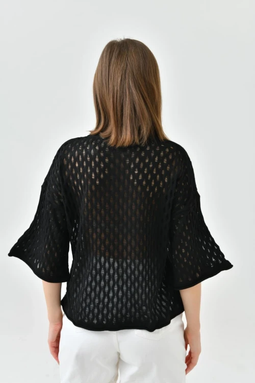 Kadın Kazak Bisiklet Yaka Kısa Kollu Delikli Desenli Kadın Kazak Siyah - 10720