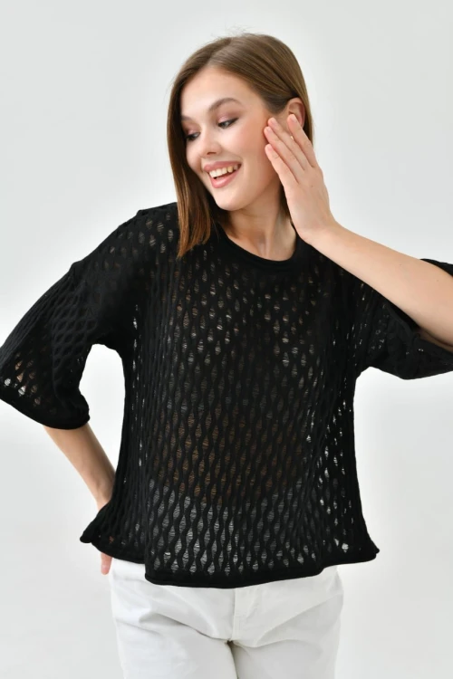 Kadın Kazak Bisiklet Yaka Kısa Kollu Delikli Desenli Kadın Kazak Siyah - 10720