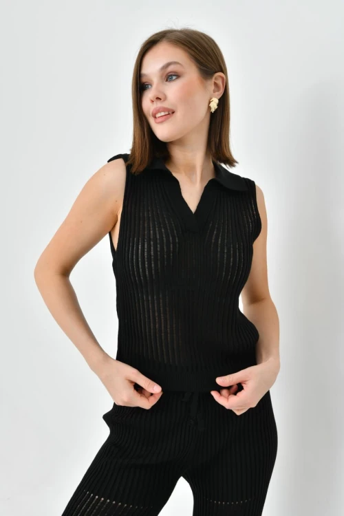 10722 SİYAH YAKALI KOLSUZ DELİKLİ ÇİZGİLİ PANTOLONLU TAKIM