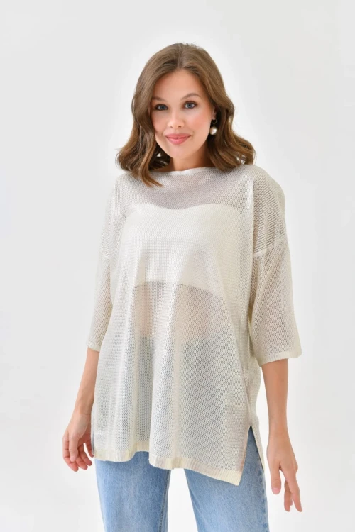 Kadın Kazak Bisiklet Yaka Kısa Kollu Delikli Kadın Kazak Kemik - 10763