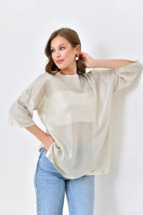 Kadın Kazak Bisiklet Yaka Kısa Kollu Delikli Kadın Kazak Taş - 10763