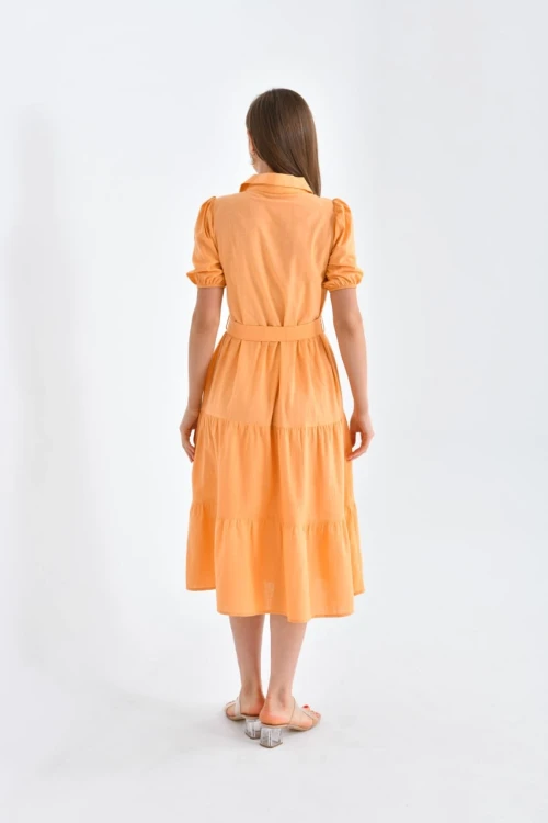 22133 ORANGE YAKALI BALON KISA KOLKEMERLİ DİZ ALTI ELBİSE