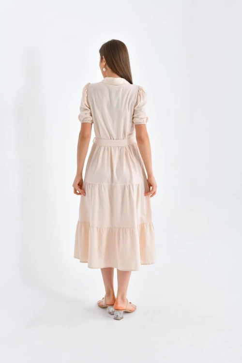 22133 BEJ YAKALI BALON KISA KOLKEMERLİ DİZ ALTI ELBİSE