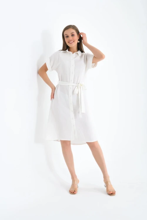 23109 KEMİK YAKALI BOYDAN DÜĞMELİ KISA KOLLU ASTARSIZ DİZ ALTI ELBİSE