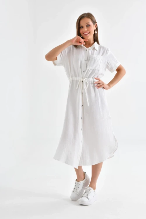 23117 TAŞ YAKALI BOYDAN DÜĞMELİKISA KOLLU CEPL, ASTARSIZ YIRTMAÇLI DİZ ALTI ELBİSE