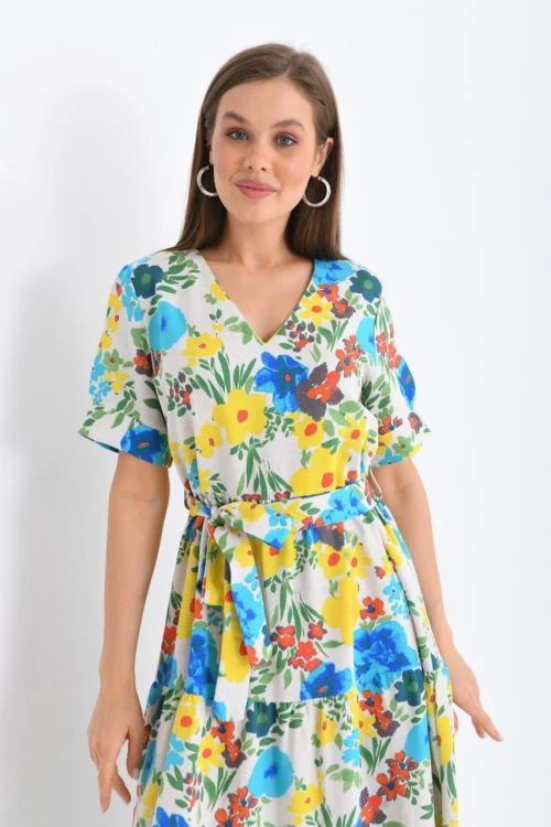 23122 SARI V YAKA KISA KOLLU ÇİÇEK DESENLİ UZUN BOY YIRTMAÇSIZ ELBİSE