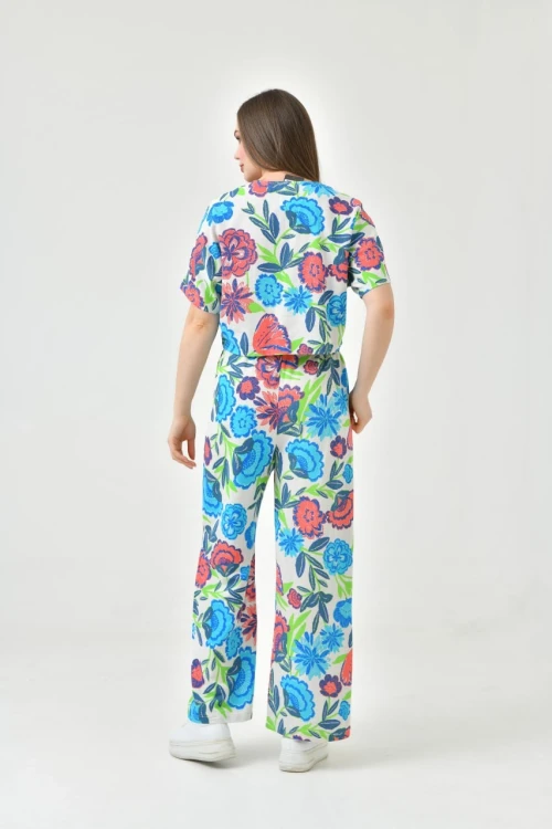 24013 MAVİ V YAKA DÜĞMELİ BELDEN BAĞLAMALI DESENLİ PANTOLONLU TAKIM