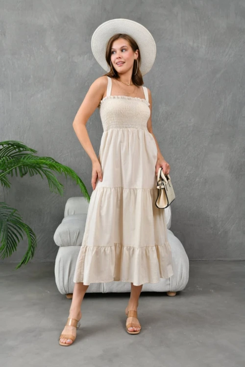 24021 TAŞ ASKILI GÖĞÜS BÜZGÜLÜ GENİŞ MODEL ASTARLI UZUN ELBİSE