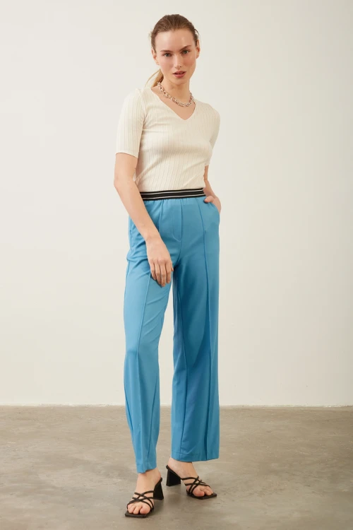 Kadın Pantolon Beli Lastikli Geniş Paça Pantolon Mavi - E044