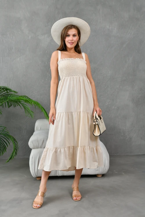 Gipe Detay Askılı Eteği Volanlı Astarlı Dokuma Elbise