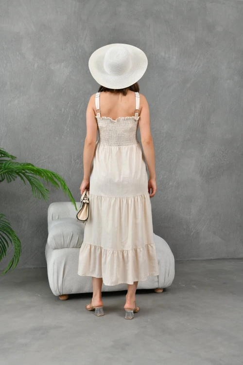 Gipe Detay Askılı Eteği Volanlı Astarlı Dokuma Elbise