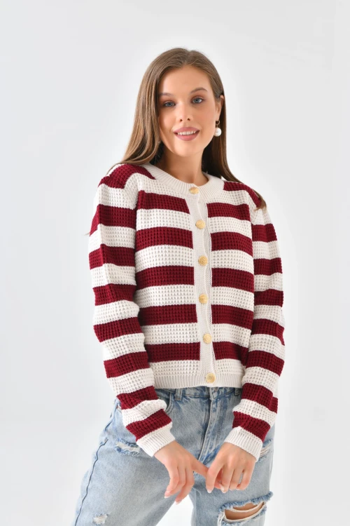 IKADIN YAKASIZ DÜĞME DETAYLI BEL KOL LASTİKLİ ÖRME CEKET