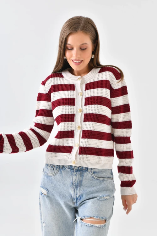 IKADIN YAKASIZ DÜĞME DETAYLI BEL KOL LASTİKLİ ÖRME CEKET