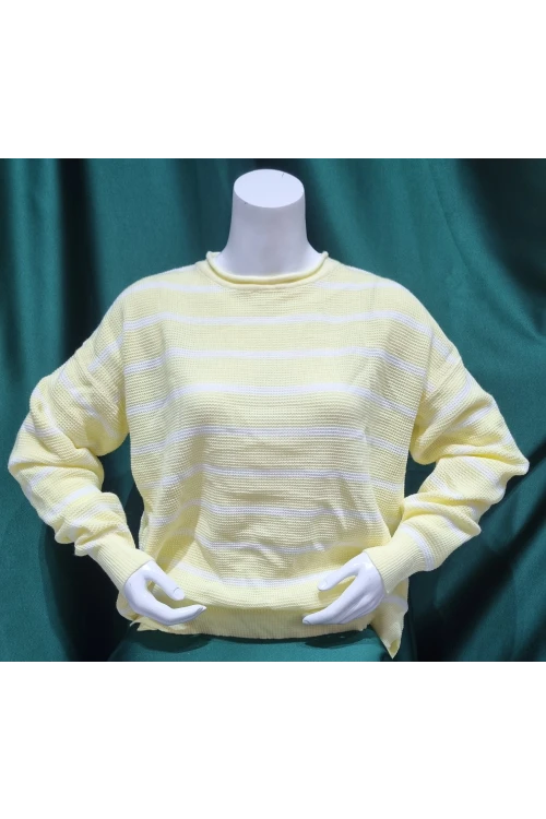 KADIN A.SARI BİSİKLET YAKA ÇİZGİLİ BEL KOL LASTİKLİ KAZAK