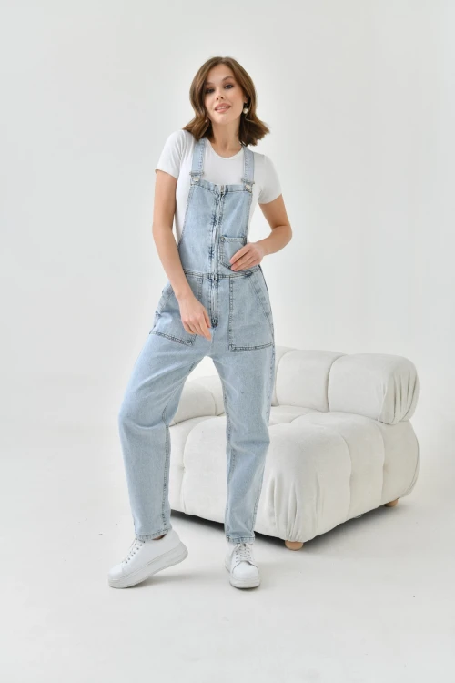 Kadın Açık Mavi Fermuar Kapama Jean Bahçıvan Tulum