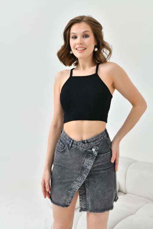 Kadın Antrasit Asimetrik Önü Düğmeli Yırmaçlı Midi Boy Tarz Kot Jean Etek