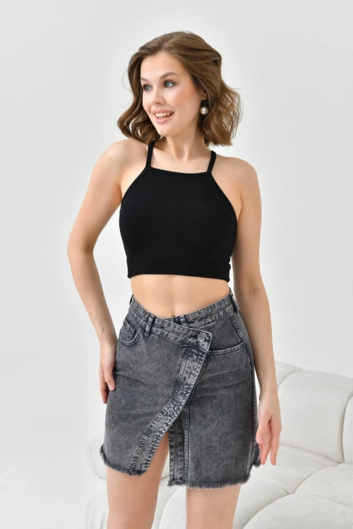 Kadın Antrasit Asimetrik Önü Düğmeli Yırmaçlı Midi Boy Tarz Kot Jean Etek