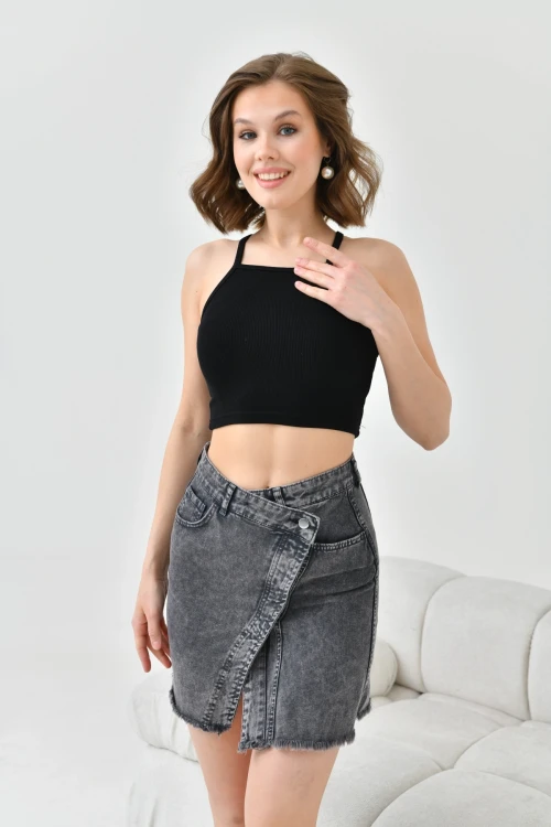 Kadın Antrasit Asimetrik Önü Düğmeli Yırmaçlı Midi Boy Tarz Kot Jean Etek