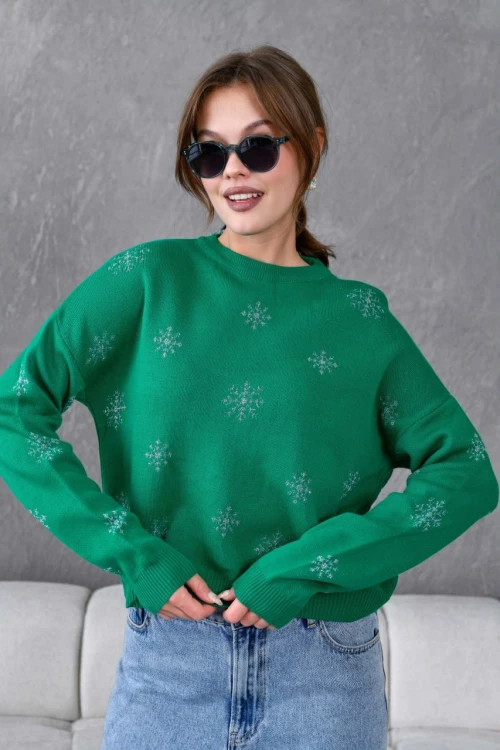 Kadın Kazak Yılbaşı Bisiklet Yaka Yılbaşı Konseptli Kar Motifli Kazak Yeşil - 10575