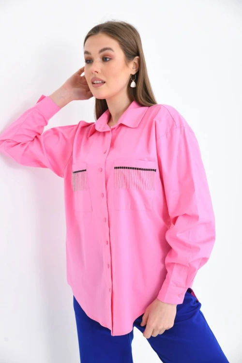 Kadın Pembe Cep Zincir Süslemeli Çift Cep Detaylı Gömlek