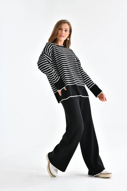 Kadın Kazak Pantolon 2Li Set Takım Çizgili Pantolonlu Kazak ve Pantolon - 10306