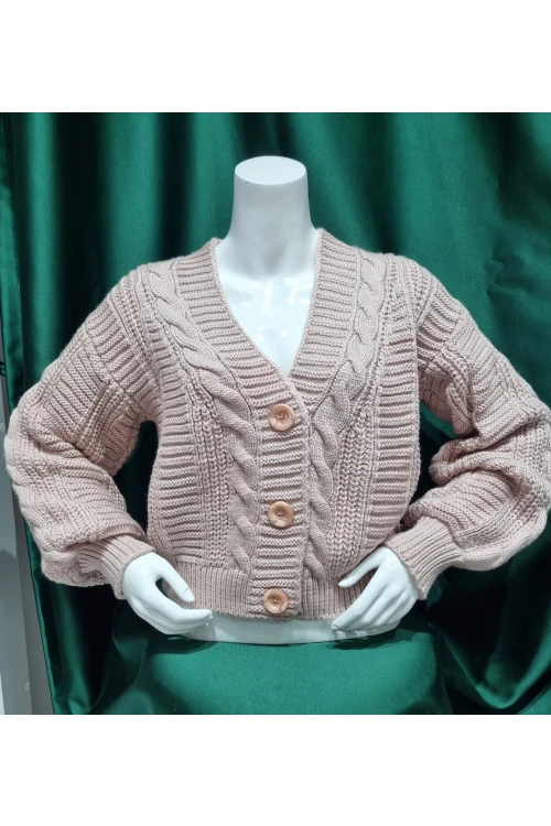 KADIN PUDRA V YAKA DÜĞMELİ DESENLİ KISA  TRİKO CEKET