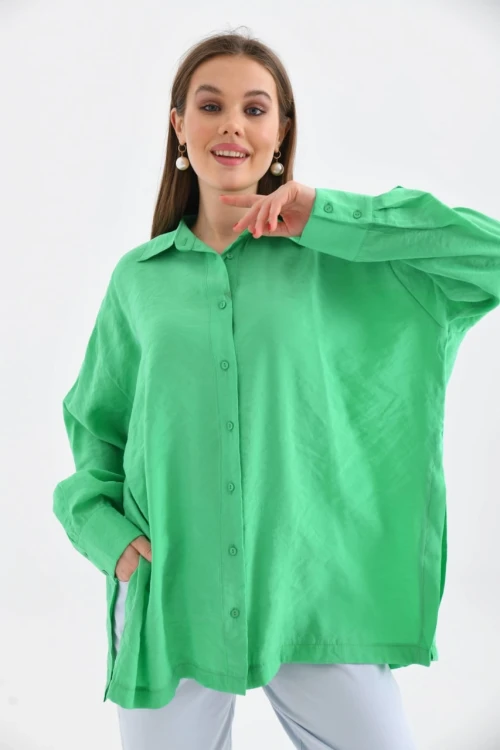 Şık Kadın Yan Yırtmaçlı Cepsiz Gömlek Yeşil - 23027