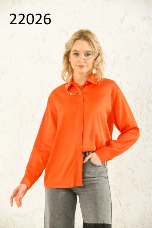 Kadın Gömlek Zincir Detaylı Saten Gömlek Turuncu - 22026