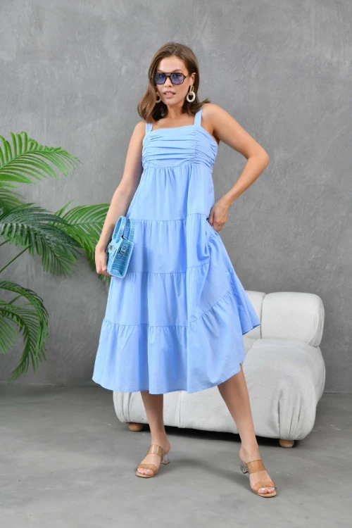 Kadın Bebe Mavi Kalın Askılı Drapeli Gipeli Astarlı Dokuma Elbise