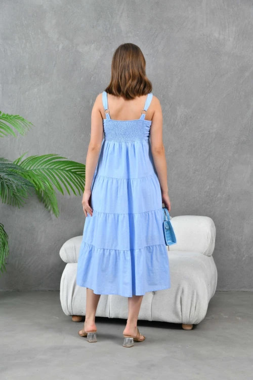 Kadın Bebe Mavi Kalın Askılı Drapeli Gipeli Astarlı Dokuma Elbise