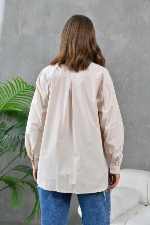 Kadın Gömlek Çift Cepli Uzun Kollu Gömlek Bej - 21012