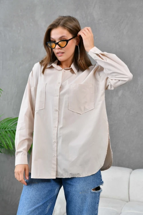 Kadın Gömlek Çift Cepli Uzun Kollu Gömlek Bej - 21012