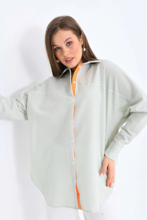 Kadın Gömlek Ön Arka Düğmeli Fosforlu Model Kadın Gömlek Bej-Turuncu - 23065