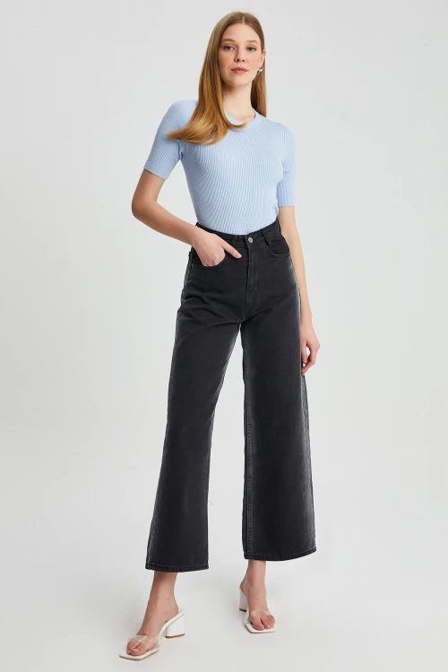 Kadın Bisiklet Yaka Kısa Kol Basic Triko Bluz