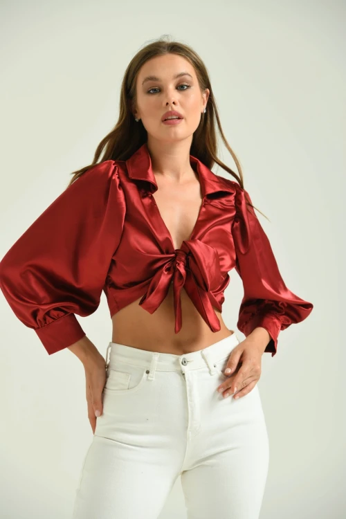 Kadın Saten Gömlek Önden Bağlamalı Vatkalı Crop Saten Gömlek Bordo - T092