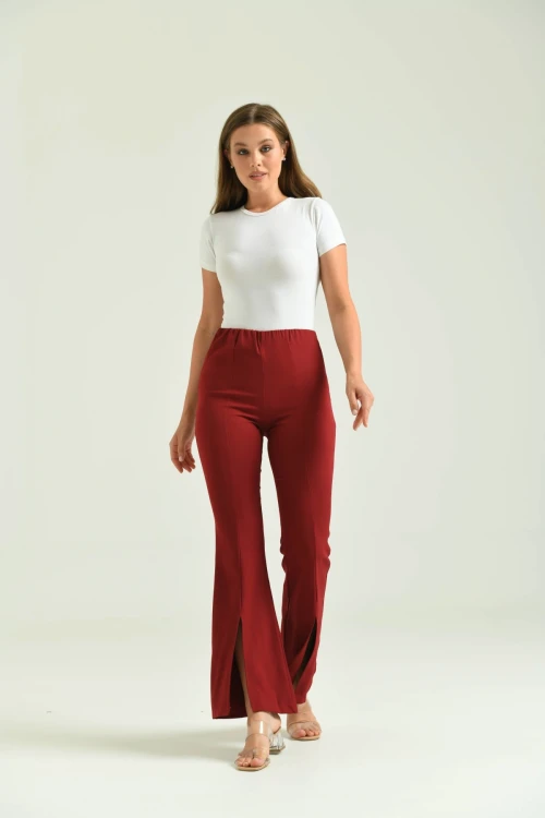 Kadın Pantolon  Paça Detaylı Toparlayıcı Yüksel Bel Kumaş Pantolon Bordo - T111