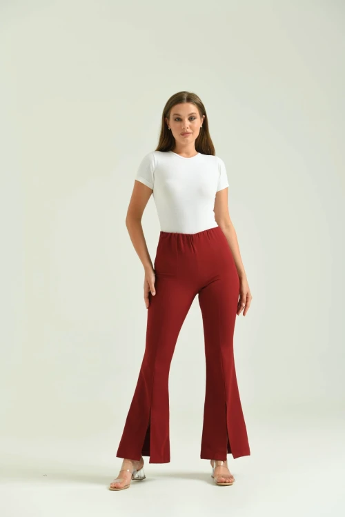 Kadın Pantolon  Paça Detaylı Toparlayıcı Yüksel Bel Kumaş Pantolon Bordo - T111