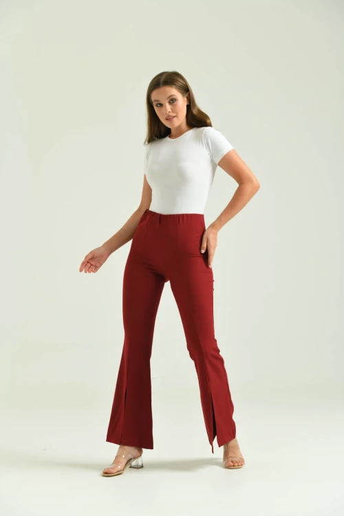 Kadın Pantolon  Paça Detaylı Toparlayıcı Yüksel Bel Kumaş Pantolon Bordo - T111