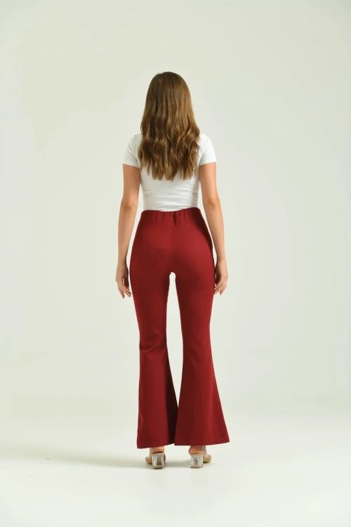 Kadın Pantolon  Paça Detaylı Toparlayıcı Yüksel Bel Kumaş Pantolon Bordo - T111