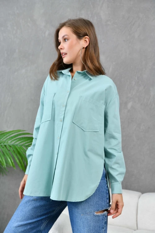 Kadın Gömlek Çift Cepli Uzun Kollu Gömlek Çağla Yeşili - 21012