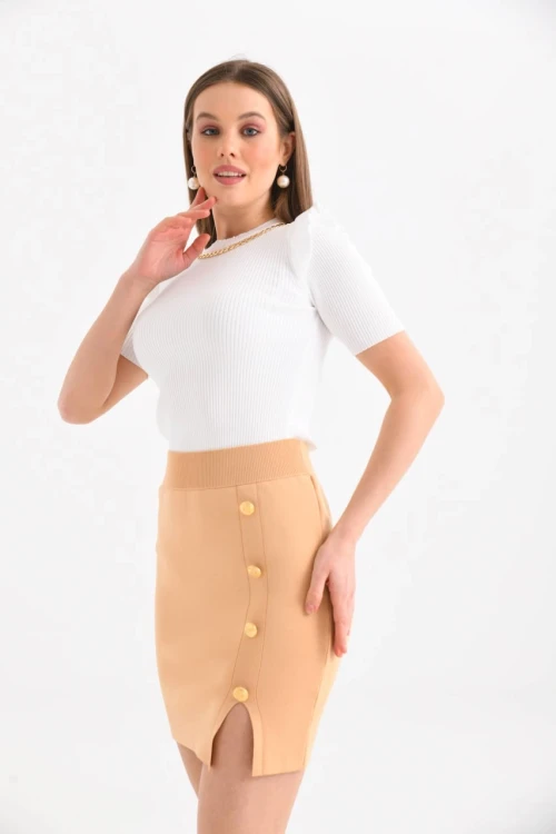 KADIN CAMEL BEL LASTİKLİ DÜĞMELİ VE YIRTMAÇLI MİNİ BOY DÜZ RENK ETEK