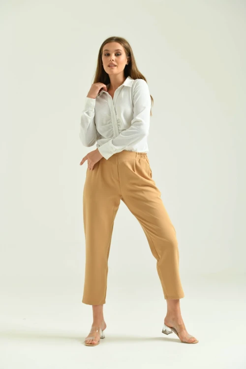 Kadın Pantolon Bel Lastikli Rahat Pantolon Camel - T116