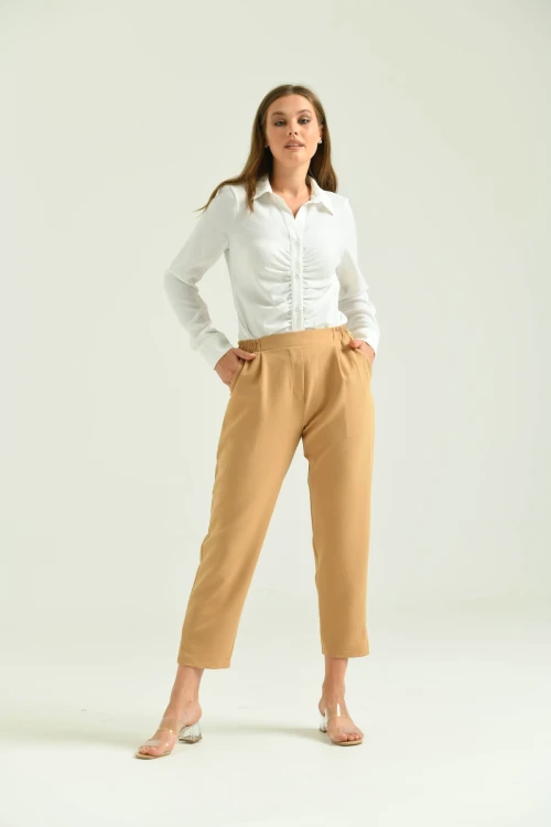 Kadın Pantolon Bel Lastikli Rahat Pantolon Camel - T116