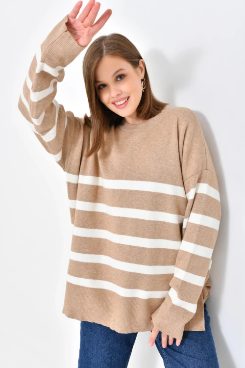 10300 KADIN CAMEL BİSİKLET YAKA ÇİZGİLİ ÇİFT RENK TRİKO KAZAK