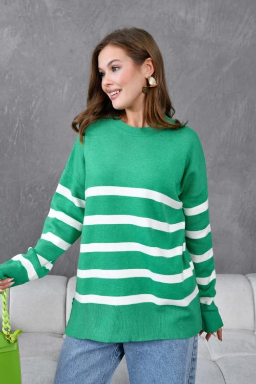 10300 KADIN B.YEŞİL BİSİKLET YAKA ÇİZGİLİ ÇİFT RENK TRİKO KAZAK