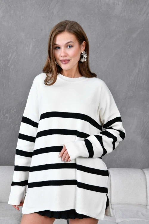 10300 KADIN KEMİK BİSİKLET YAKA ÇİZGİLİ ÇİFT RENK TRİKO KAZAK